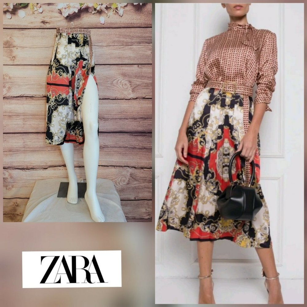 Zara Woman Elegant Scarf Print Pleated Midi Skirt Size XS Sexy Slit
